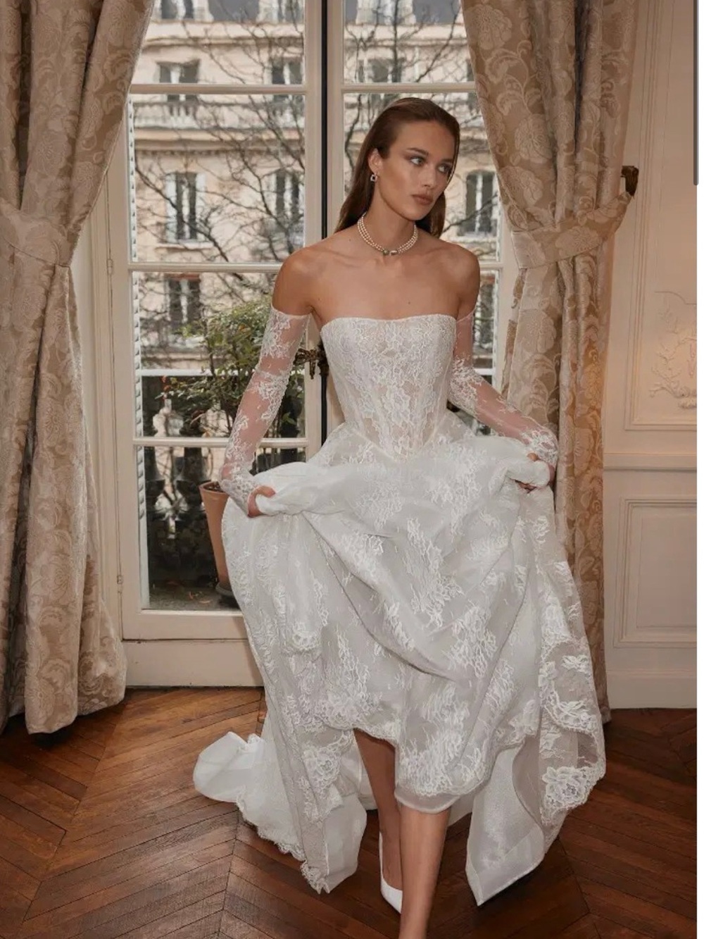 Off-Shoulder White Lace Bridal Gown with Sheer Lace Sleeves